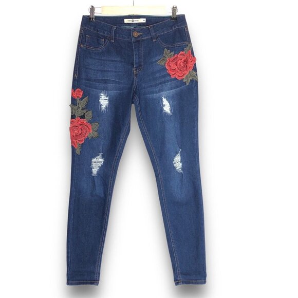 Tory Sport Women Jeans Sz SP Red Rose Applique Embroidered Blue Distressed Fray - Picture 1 of 6